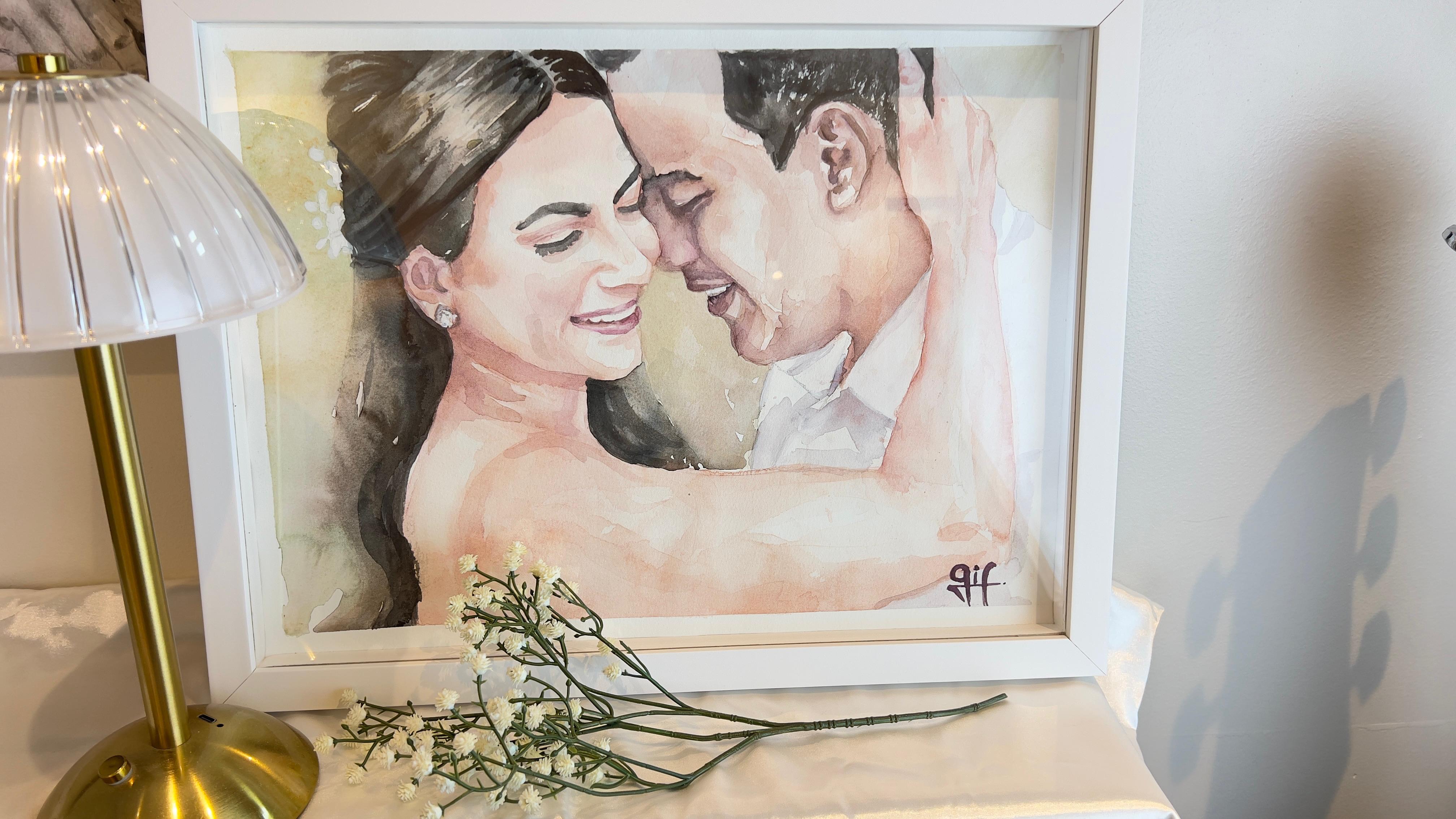 Retrato de casal em aquarela dentro da moldura