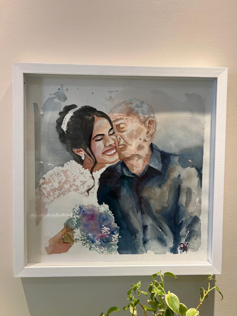 Retrato de noiva recebendo beijo do avô em aquarela