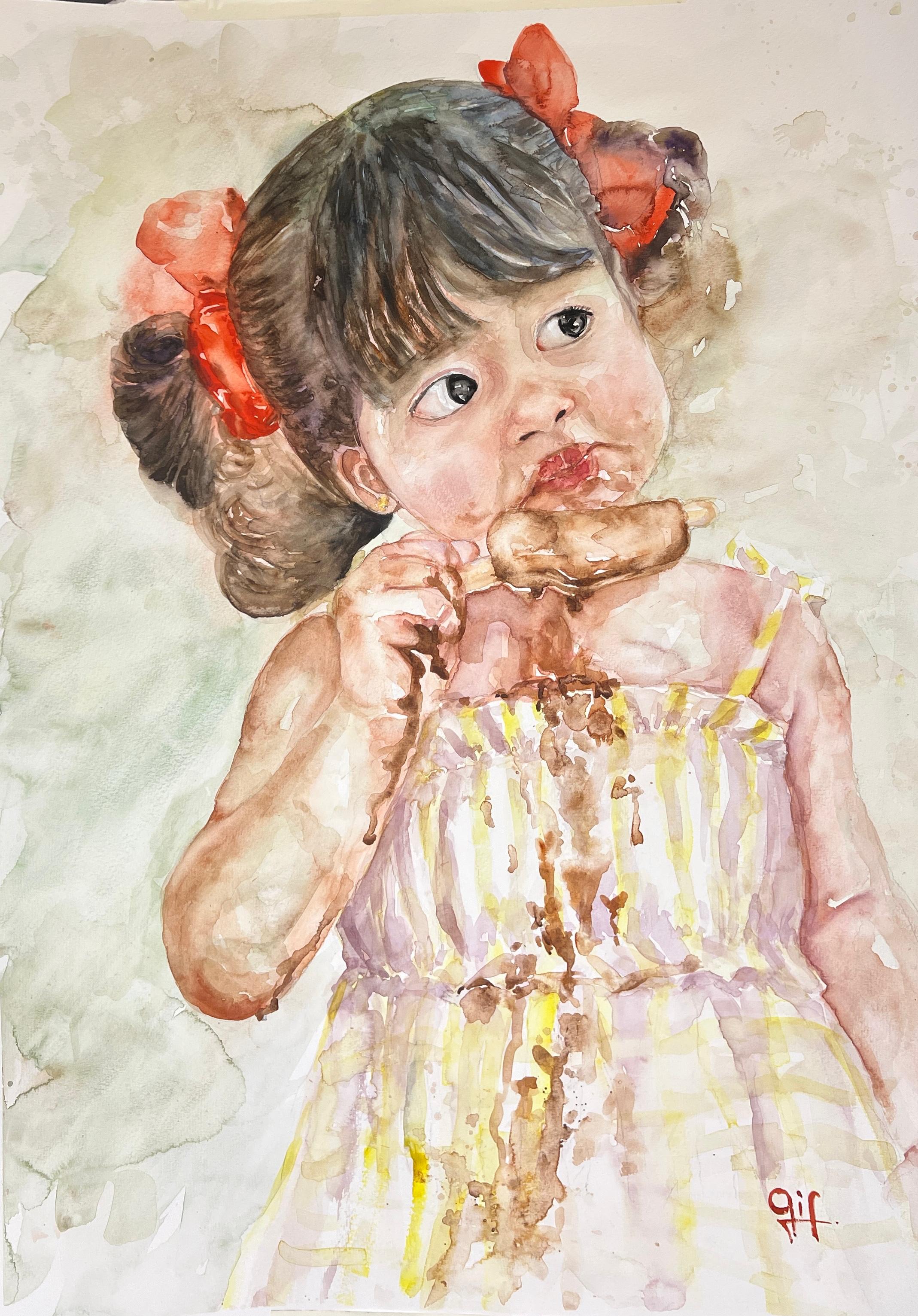 Retrato infantil em aquarela com laços vermelhos