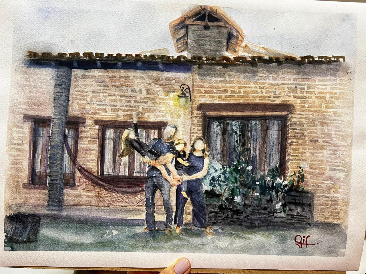 Aquarela de família em frente a uma casa afetiva