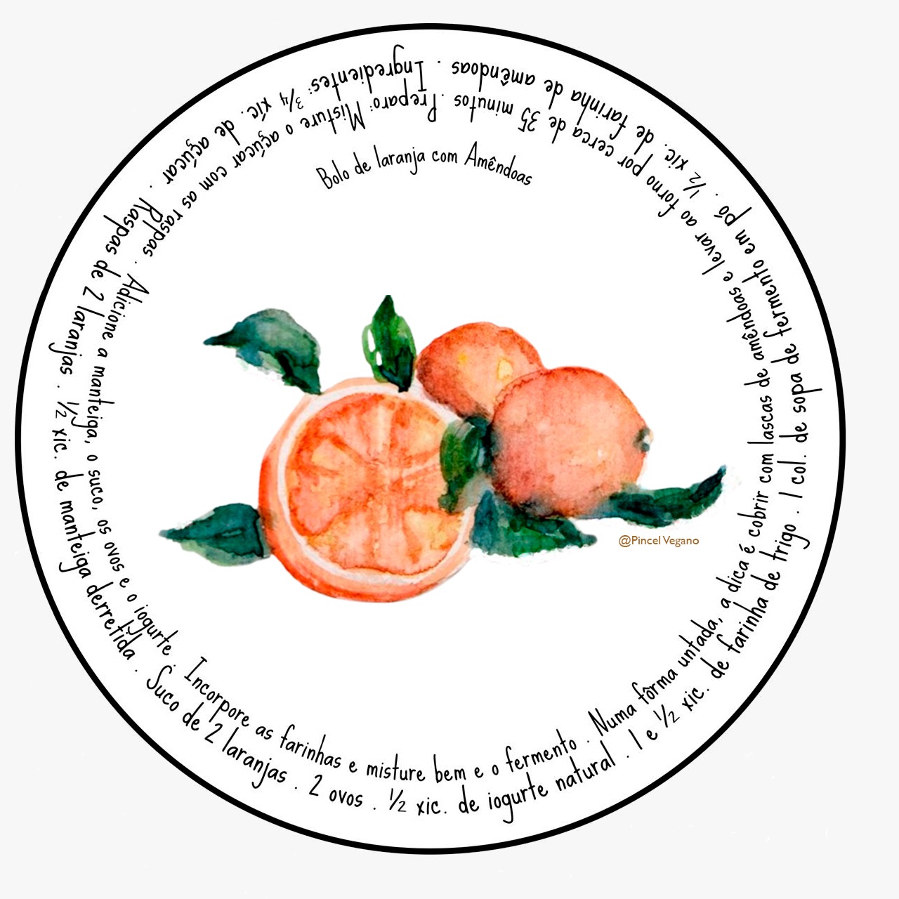 Prato decorativo com ilustração de laranjas em aquarela e receita manuscrita