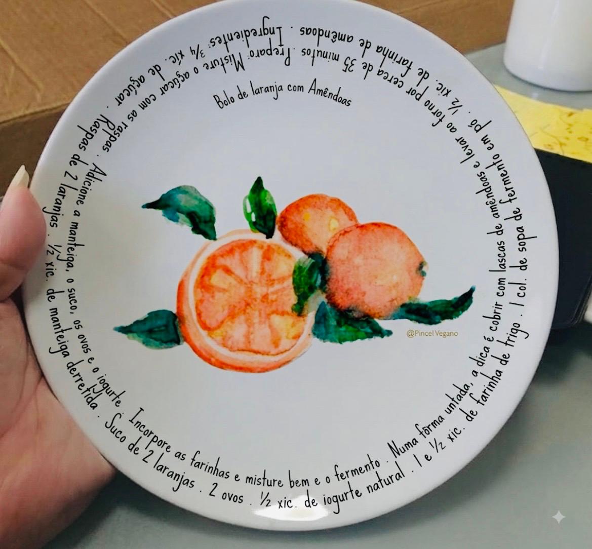Prato decorativo com aquarela de laranjas e receita de família