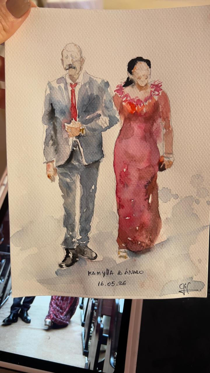 Retrato de casal pintado em aquarela durante uma celebração
